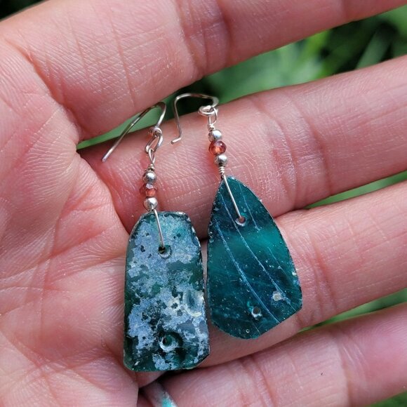 New handmade sterling silver 925 blue green sea glass dangle earrings - Picture 5 of 16